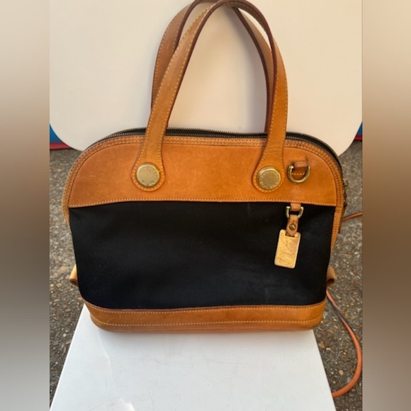 Dooney & Bourke Handbags - Vintage DOONEY & BOURKE “Cabriolet” Navy Canvas/ Tan Leather Domed Satchel.
